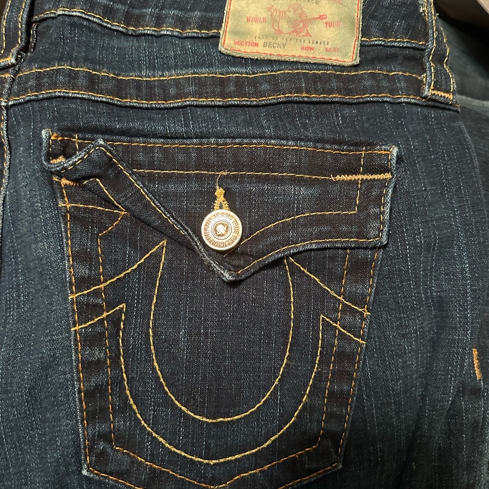 True Religion Women's Indigo Jeans with Gold Stitching